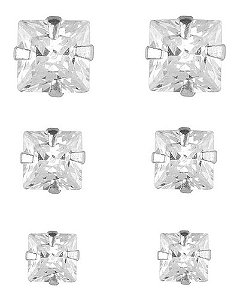 Trio Brinco Pedra Zirconia Quadrado Prata 925 3 4 5 Mm