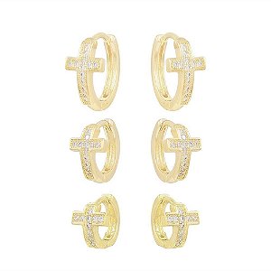 Brinco Trio Argola Cruz Pedra Zirconia Folheado Ouro Dourado