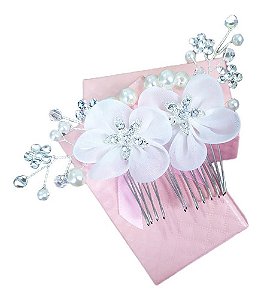 Arranjo Cabelo Noiva Flor Tecido Branco Prata Strass Pérola