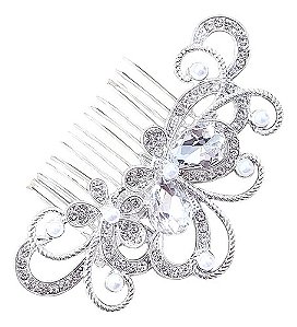 Arranjo Enfeite Cabelo Noiva Strass Perola Prata Debutante