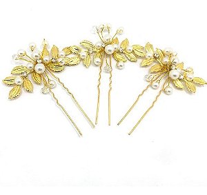 Arranjo Enfeite Dourado Cabelo Noiva Perola Dama Debutante