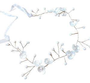 Tiara Arranjo Cabelo Noiva Pérola Fio Flor Dourado 30 Cm