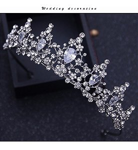 Coroa Tiara Arranjo Cabelo Noiva  Zirconia Strass Prata Luxo