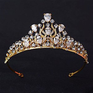 Coroa Tiara Cabelo Noiva Dourada Zirconia E Strass Princesa