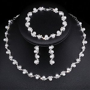 Conjunto Colar Brinco Pulseira Strass Pérola Noiva Festa