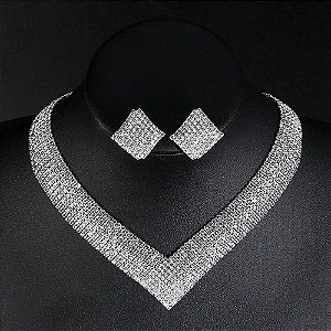 Conjunto Strass Colar Brinco Noiva Prata Debutante Madrinha