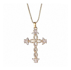 Colar Cruz Crucifixo Noiva Zirconia Dourada Folheadoa Ouro 18k Semi Joia Com Garantia