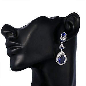 Brinco Noiva Pedra Zirconia Prata Azul Festa Luxo Debutante