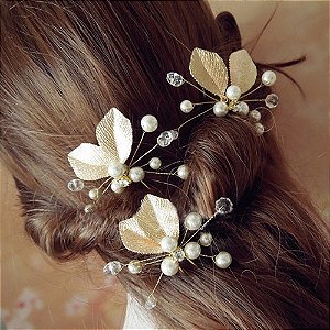 3 Arranjo Enfeite Aplique Dourado Cabelo Noiva Perola Dama