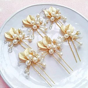 6 Arranjos Enfeite Aplique Dourado Cabelo Noiva Perola Dama
