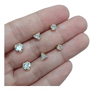 Trio De Brinco Pedra Zirconia Coração Triângulo Luz 3 Pares