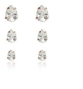 Trio Brinco Pedra Zirconia Gota F Ouro Dourado Folheado