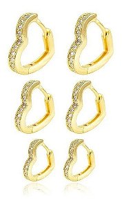 Trio Brinco Argola Pedra Zirconia Coração Dourado F Ouro 18k