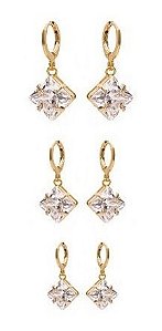 Trio Brinco Argola Pedra Zirconia Folheado Pingente Quadrado