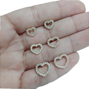Trio Brinco Pedra Zirconia Coração Folheado A Ouro Dourado