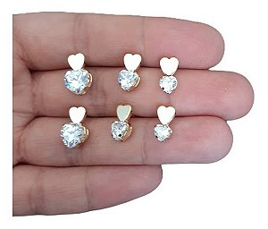 Trio Brinco Pedra Zirconia Coração F Ouro Dourado Folheado