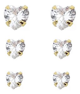 Trio Brinco Pedra Zirconia Coração F Ouro Dourado Folheado