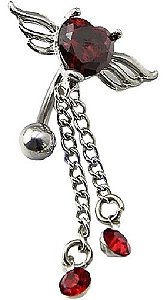 Piercing De Umbigo Invertido Zirconia Coração Prata Vermelho