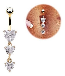 Piercing De Umbigo Dourado Zirconia Coração Pendurado Ouro