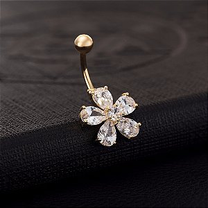 Piercing De Umbigo Dourado Banhado A Ouro 18k Flor Zirconia