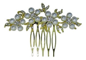 Arranjo Enfeite Cabelo Noiva Dama Dourado Strass Perola