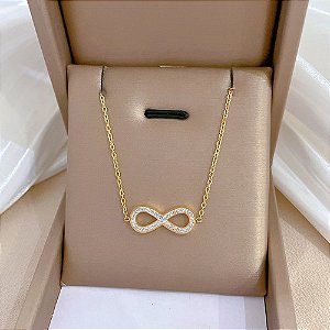 Colar Infinito Pedra Strass Dourado Aço Inoxidável Presente