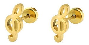 Brinco Infantil Dourado Aço Cirúrgico Música Tarraxa Baby