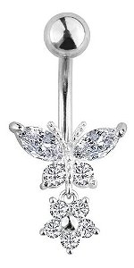 Piercing De Umbigo Prata Pendurado Pedra Borboleta Flor
