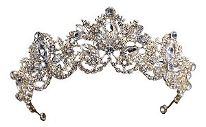 Coroa Tiara Arranjo Cabelo Noiva Strass Dourada Ouro Luxo
