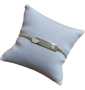 Pulseira Plaquinha Coração Estrela Infantil F. Ouro 18k Semi