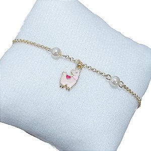 Pulseira Infantil Pingente Lhama Pérola Banhada Ouro 18k