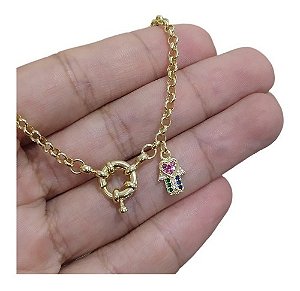 Pulseira Bracelete Mão De Fátima Elo Português Boia F. Ouro