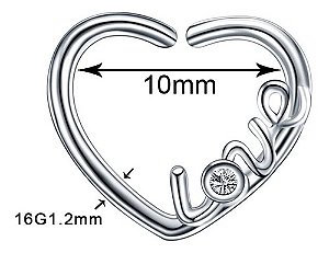 Piercing Daith Coração Prata Love Pedra Zirconia 10 Mm