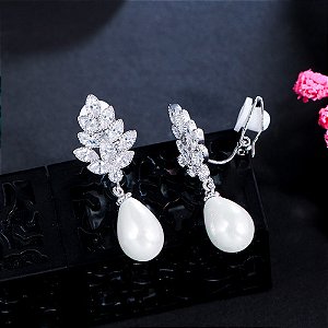 Brinco De Pressão Noiva Pedra Zirconia Pérola Prata Festa