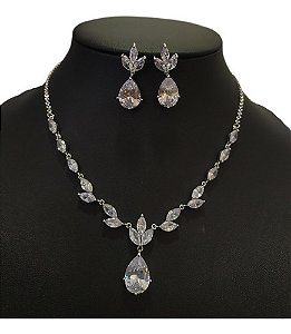 Conjunto Colar Brinco Noiva Pedra Zirconia Prata Gota Festa