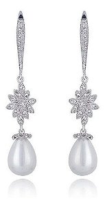 Brinco Perola Noiva Zirconia Pendurado Delicado Festa Prata
