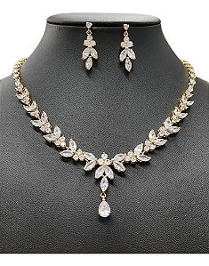 Colar E Brinco Noiva Zircônia Dourado Festa Debutante Luxo