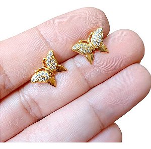 Brinco Pedra Zirconia Dourado Banhado A Ouro Borboleta