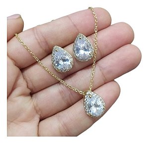 Conjunto Colar Brinco Noiva Pedra Zirconia Prata Dourad Gota