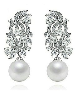 Brinco Zirconia E Pérola Prata Noiva Pendurado Delicado Fest