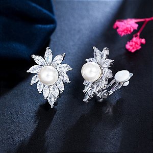 Brinco De Pressão Noiva Pedra Zirconia Pérola Prata Festa