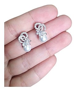 Brinco Pérola E Zirconia Noiva Pequeno Delicado Prata