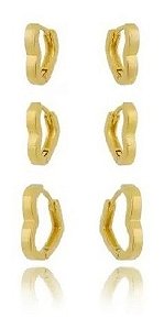 Trio Brinco Argola Coração Dourado Folheado A Ouro 18k