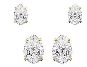 Dupla Brinco Pedra Zirconia Gota Dourado Folheado Pt De Luz