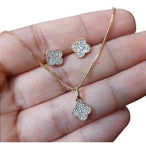 Conjunto Colar Brinco Trevo 4 Folhas Pedra Zircônia Semijoia