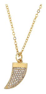 Colar Dente De Tigre Pedra Zirconia Dourado Chifre