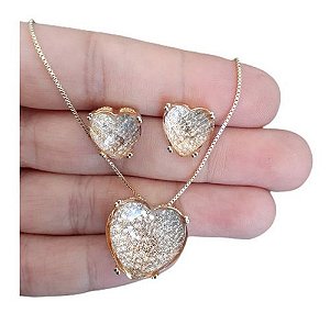 Conjunto Colar E Brinco Coração Pedra Quartzo Lapidada