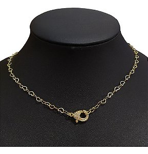 Colar Corrente Mosquetão Pedra Zirconia Coração Semijoia
