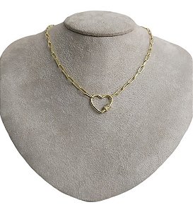 Colar Corrente Mosquetão Pedra Zirconia Coração Semijoia