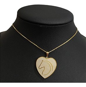 Colar C/ Pingente Madre Pérola Coração Cavalo Semijoia